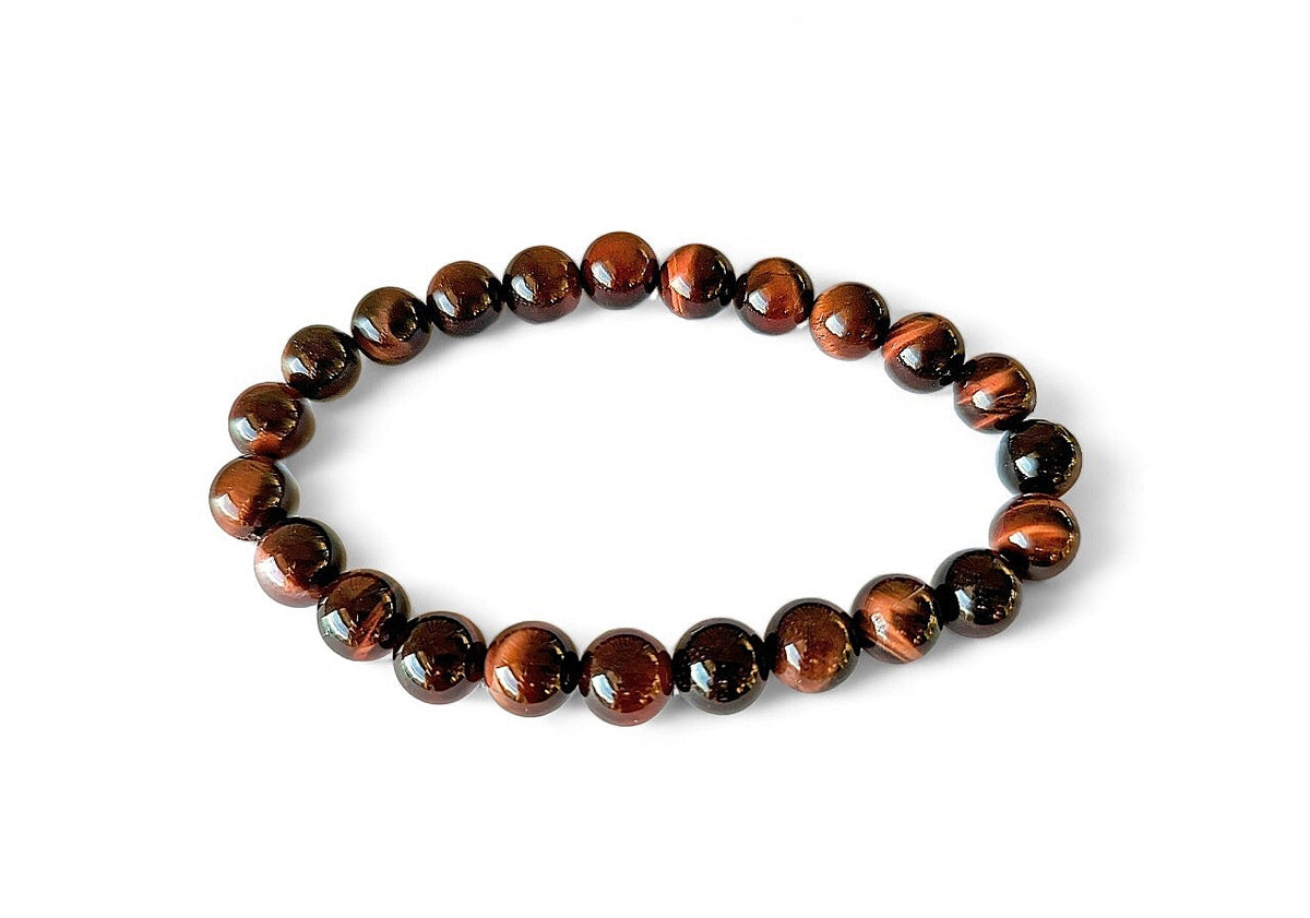 Bracelet Œil de Taureau en pierres naturelles de 8mm de qualité AA, vue de profil. En lithothérapie, apporte protection et dynamisme