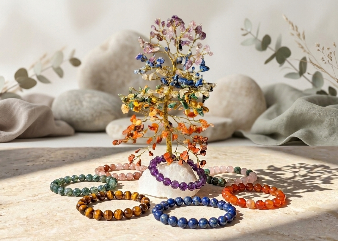 Arbre de vie et bracelets en pierres naturelles