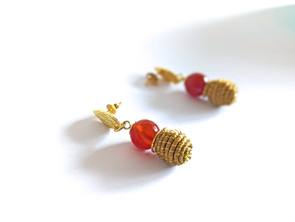 Boucles d'oreilles Agate de feu - Capim Dourado - Or Végétal et plaqué Or