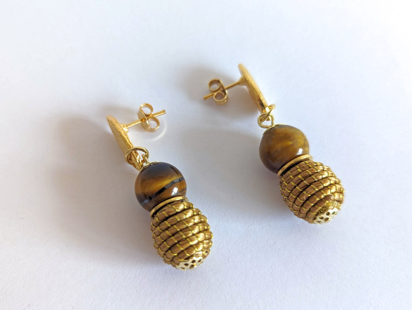  Boucles d'oreilles pierre Oeil de Tigre - Capim Dourado - Or Végétal et plaqué Or