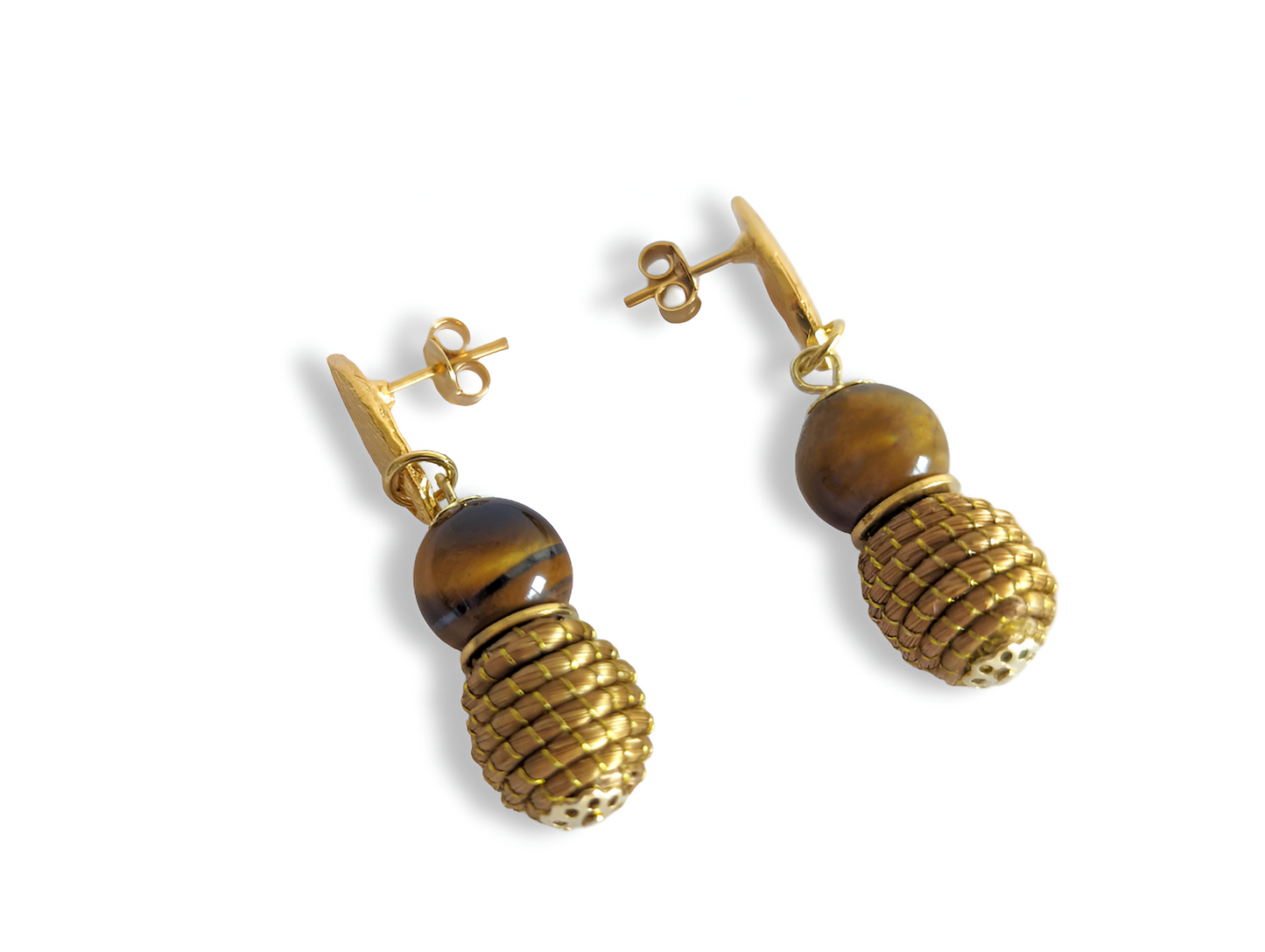 Boucles d'oreilles pierre Oeil de Tigre - Capim Dourado - Or Végétal et plaqué Or