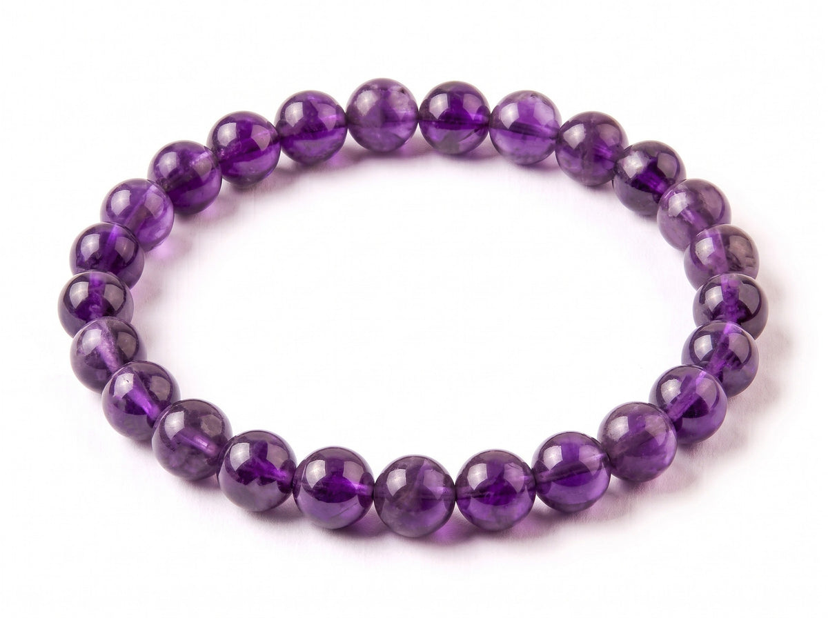 Bracelet en pierres naturelles d'améthyste, qualité AA, perles de 8mm , vue de dessus. Lithothérapie, apporte paix intérieure et protection