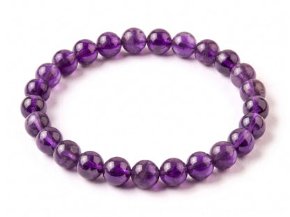 Bracelet en pierres naturelles d'améthyste, qualité AA, perles de 8mm , vue de dessus. Lithothérapie, apporte paix intérieure et protection