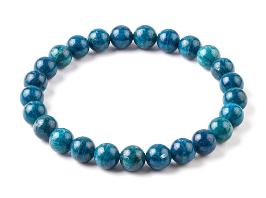 bracelet en apatite bleue, vue de dessus, pierre naturelle de 8mm, de qualité A plus. En lithothérapie, elle apporte expression, tonus et appétit