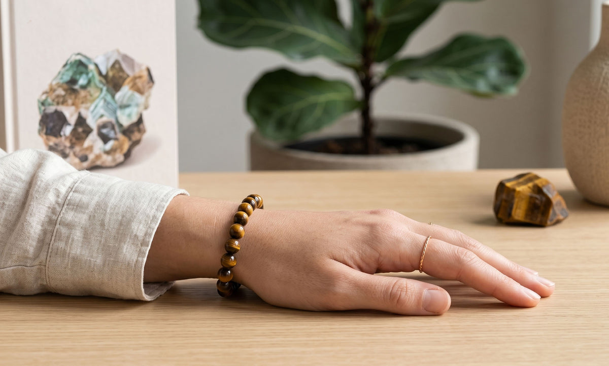 Bracelet Œil de Tigre en pierres naturelles de 8mm de qualité AA, porté . En lithothérapie, apporte protection, courage et confiance en soi