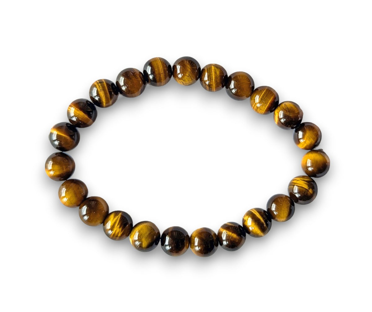 Bracelet Œil de Tigre en pierres naturelles de 8mm de qualité AA, vue de dessus. En lithothérapie, apporte protection, courage et confiance en soi