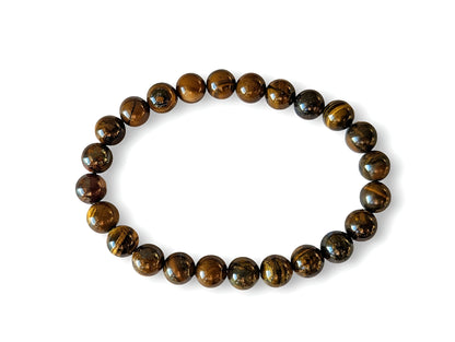 Bracelet œil de Fer en pierres naturelles de 8mm de qualité AA, vue de dessus. En lithothérapie , apporte protection et volonté