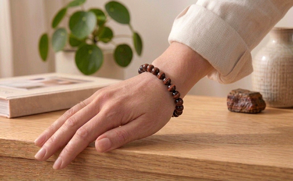 Bracelet Œil de Taureau en pierres naturelles de 8mm de qualité AA, porté au poignet. En lithothérapie, apporte protection et dynamisme