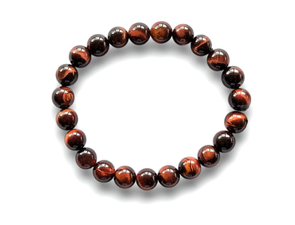 Bracelet Œil de Taureau en pierres naturelles de 8mm de qualité AA, vue de dessus. En lithothérapie, apporte protection et dynamisme