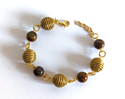 Bracelet Oeil de Tigre - Capim Dourado - Or Végétal et plaqué Or - Pierre boule