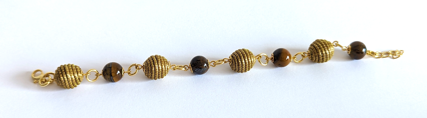 Bracelet Oeil de Tigre - Capim Dourado - Or Végétal et plaqué Or - Pierre boule