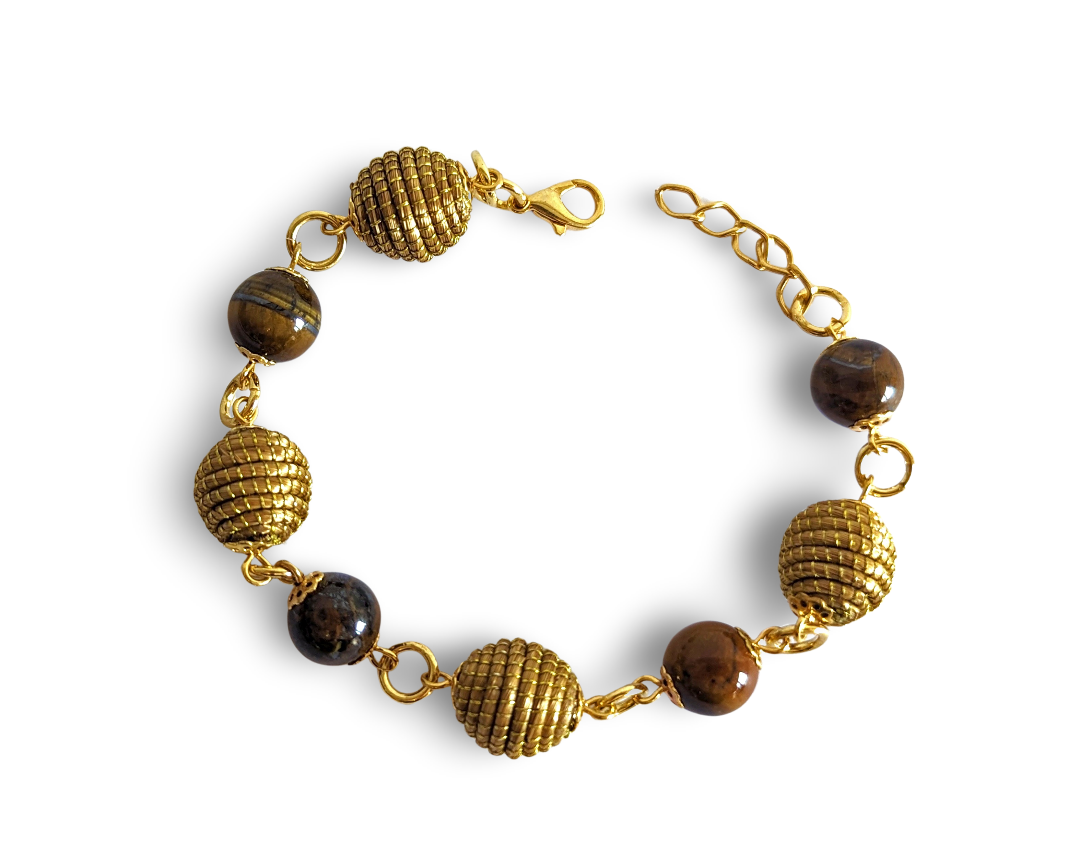  Bracelet Oeil de Tigre - Capim Dourado - Or Végétal et plaqué Or - Pierre boule